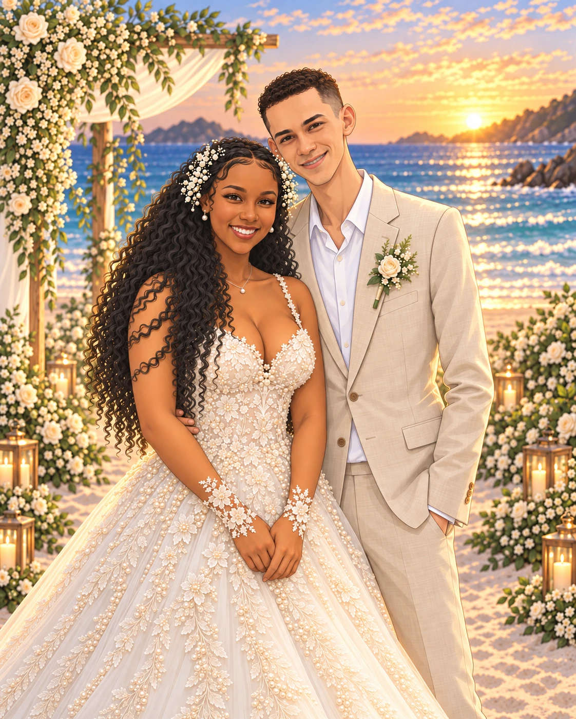 Retrato ilustrado de Robert e Júlia vestidos para o casamento na praia.