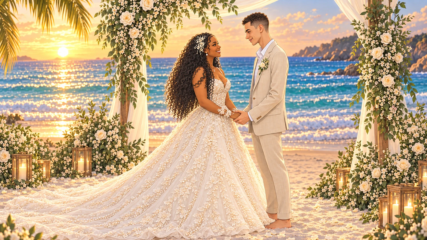 Júlia e Robert frente a frente, olhando nos olhos, à beira-mar. A noiva usa renda, flores e delicados punhos que deixam as mãos livres.