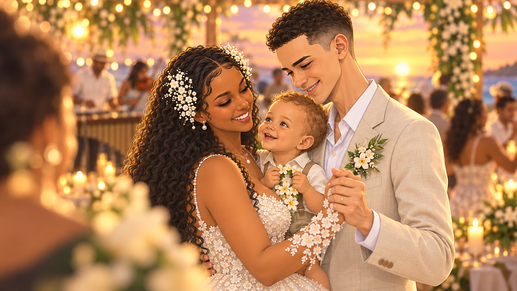Robert, Júlia e Gui em foco seletivo, com luzes e festa desfocadas ao fundo.